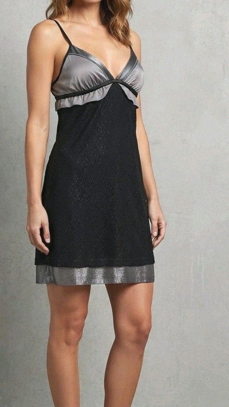 NWT Vtg Free People Babydoll SiLk Linen Dress Black Lace Mettalic Whimsigoth 2